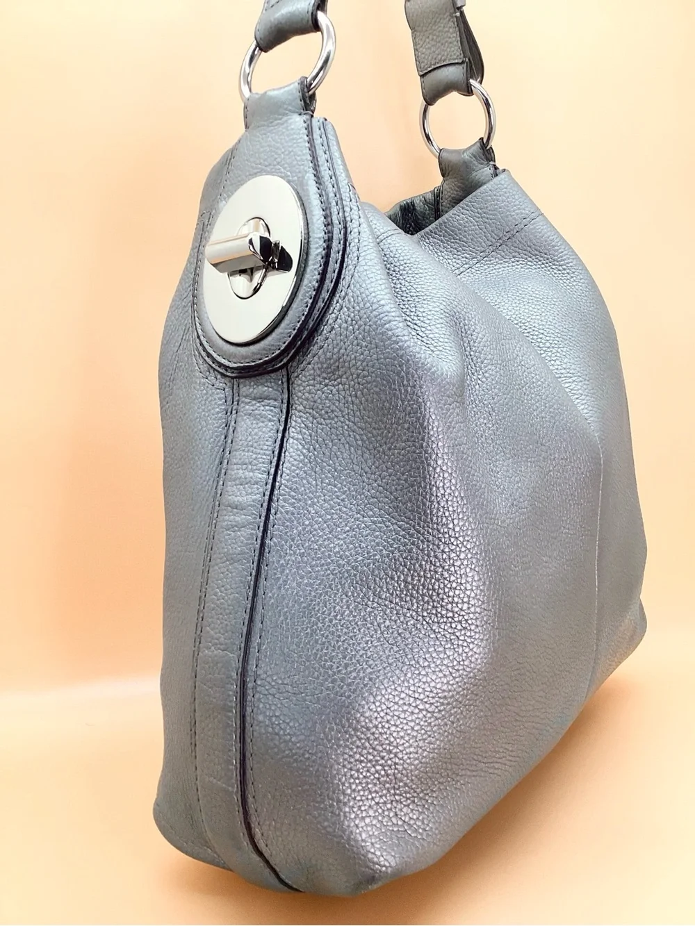 Coach Gray Pebbled Leather Hobo Bag with Silver Hardware